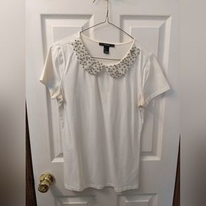 Forever 21 White Short Sleeve Shirt with Beaded Peter Pan Collar Size Large